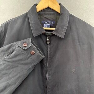90s Nautica Dark Blue Blackwatch Plaid Jacket Coat Throat Latch SZ L Preppy VTG